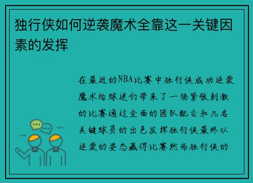 独行侠如何逆袭魔术全靠这一关键因素的发挥